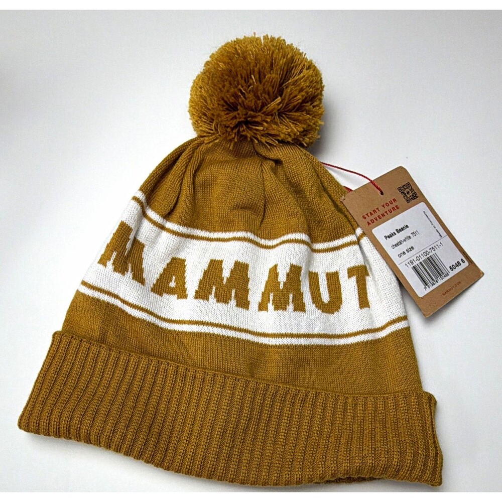 Mammut Beanie Hat Brown & White Striped Pom-Pom One Size Men's Winter/Fall